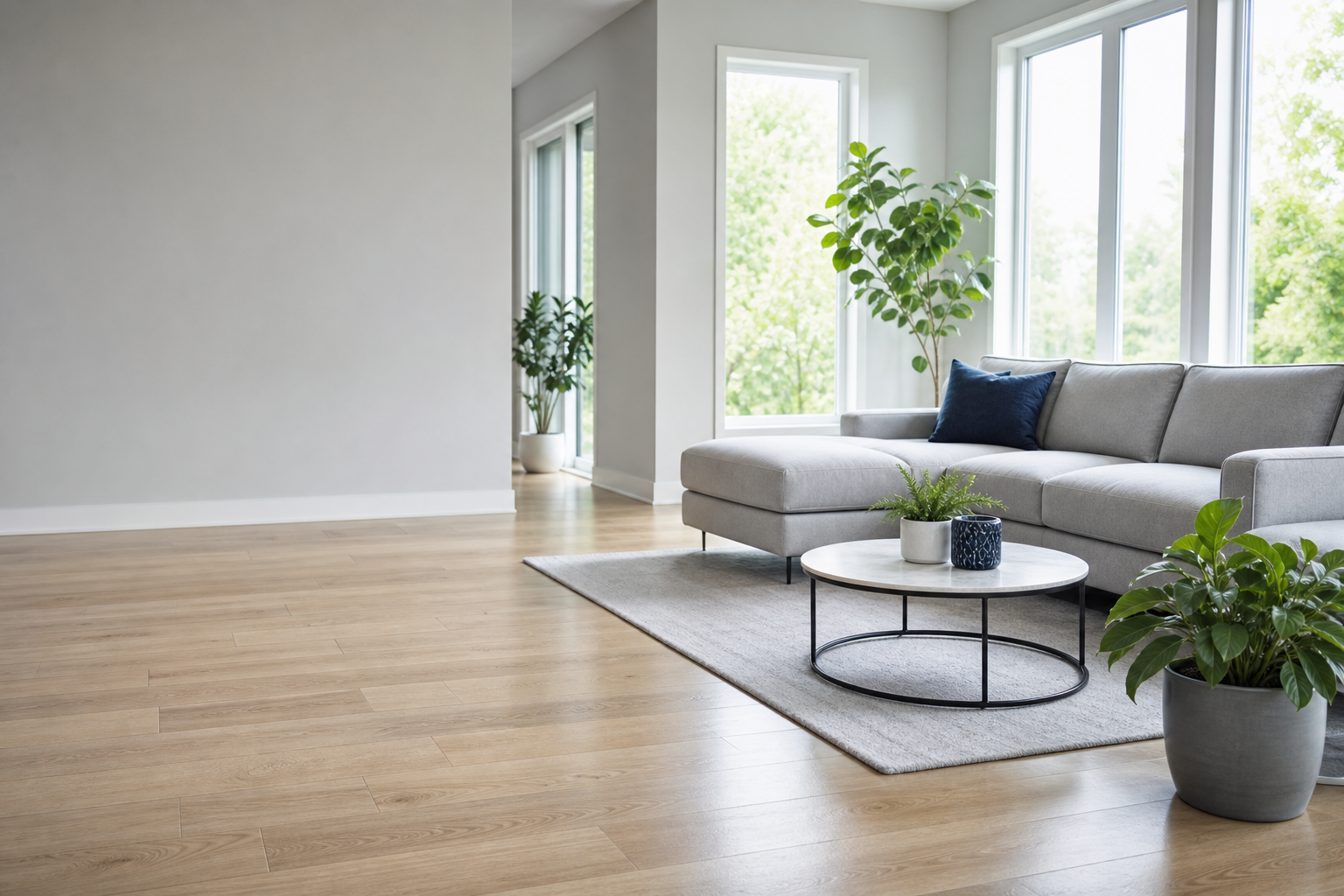 A bright, freshly cleaned modern living room