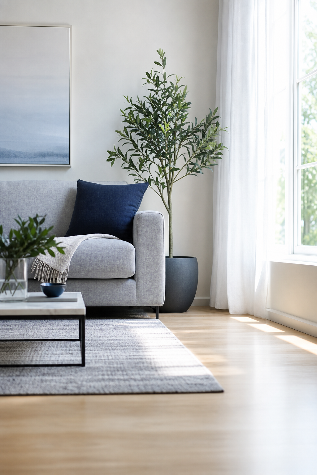 A bright, freshly cleaned modern living room corner with a navy accent cushion and soft morning light
