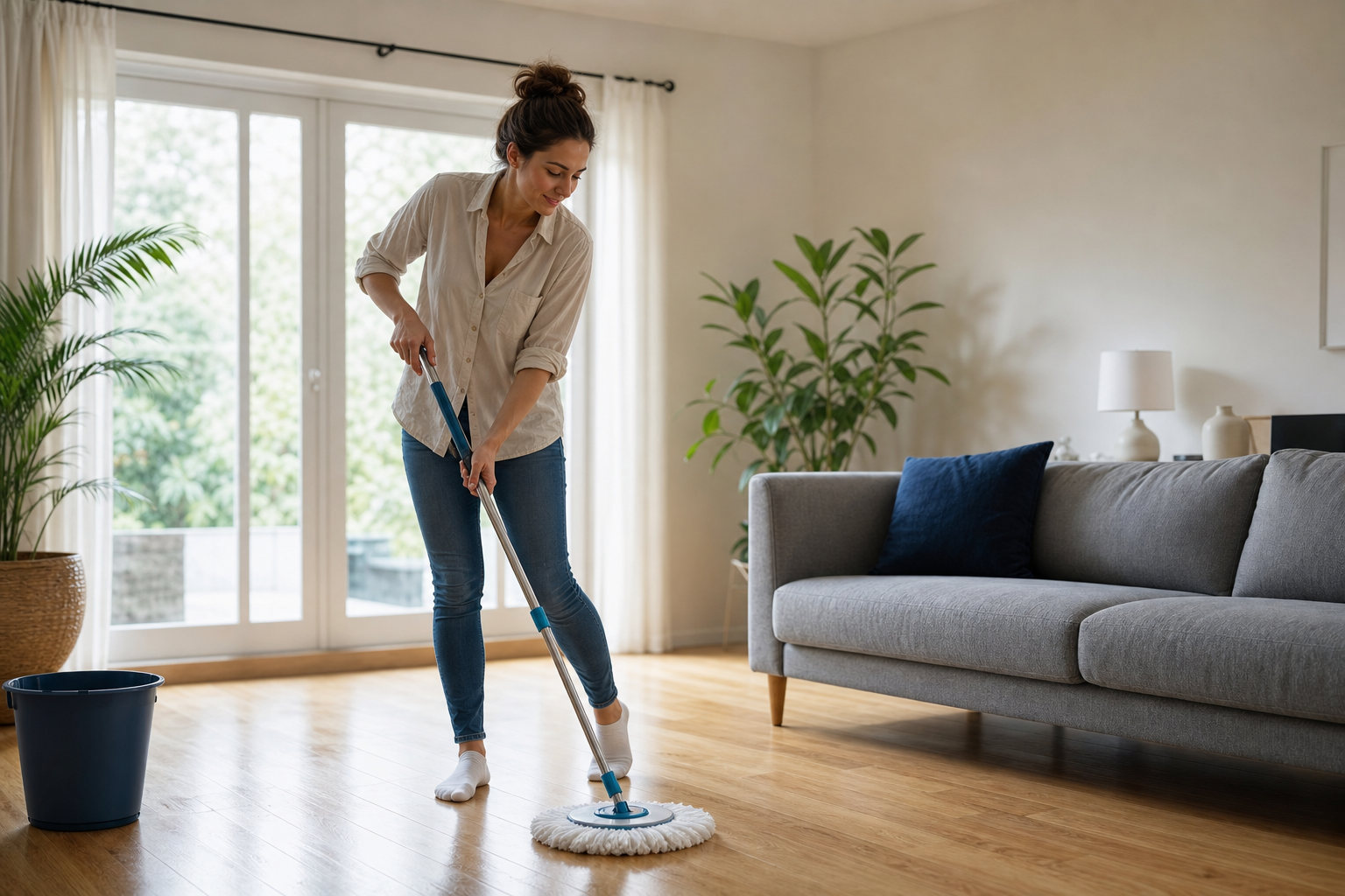 A woman cleaning a bright modern living-room floor with a spin mop