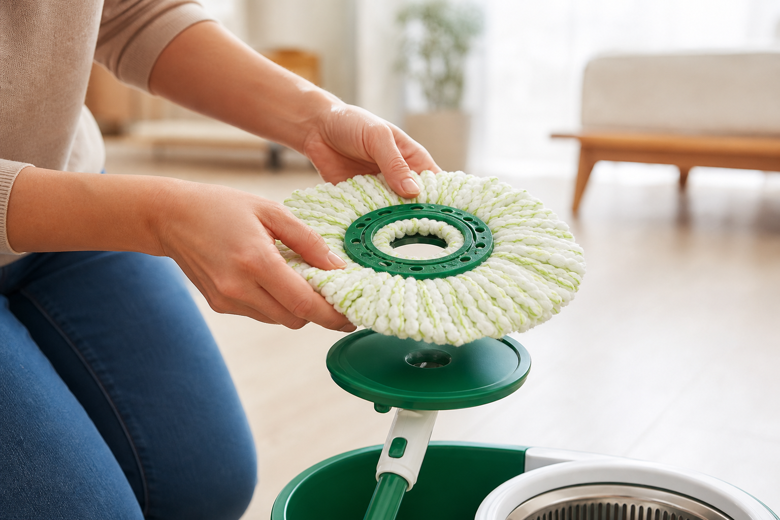 A person fitting a fresh MXZONE microfiber spin-mop refill head onto a spin mop